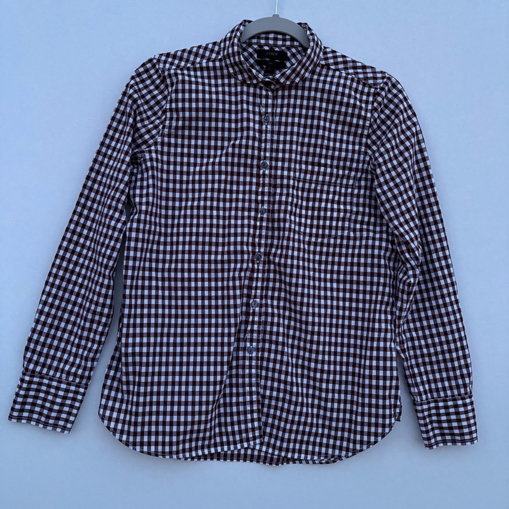J. Crew womens Club Collar Burgundy Gingham Boy Shirt Size 6 plaid Bottom Up